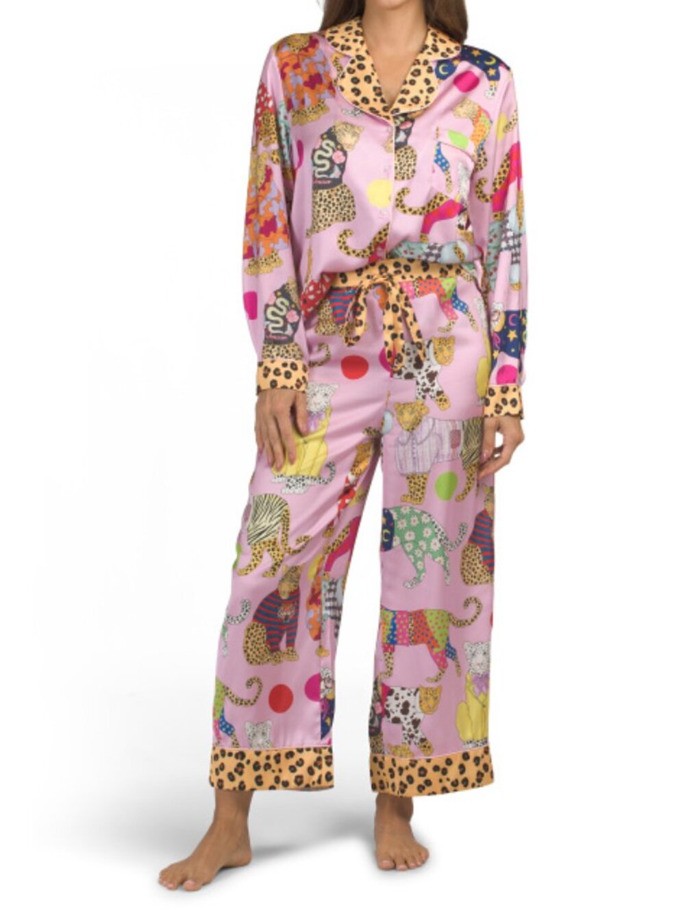KAREN MABON 2pc Satin Leopard Swing Body Pajama Top And Pants Set